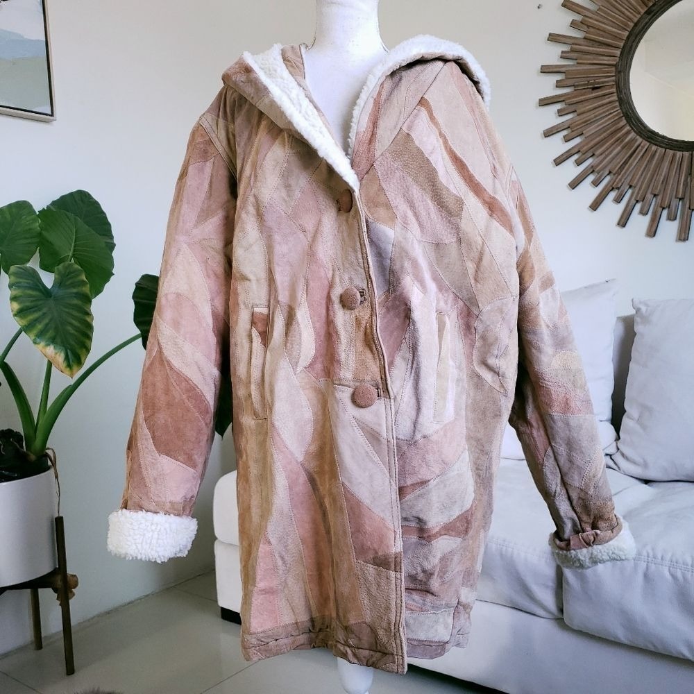Leather Patchwork Shearling Lined Oversized‎ Button Front Hooded Coat